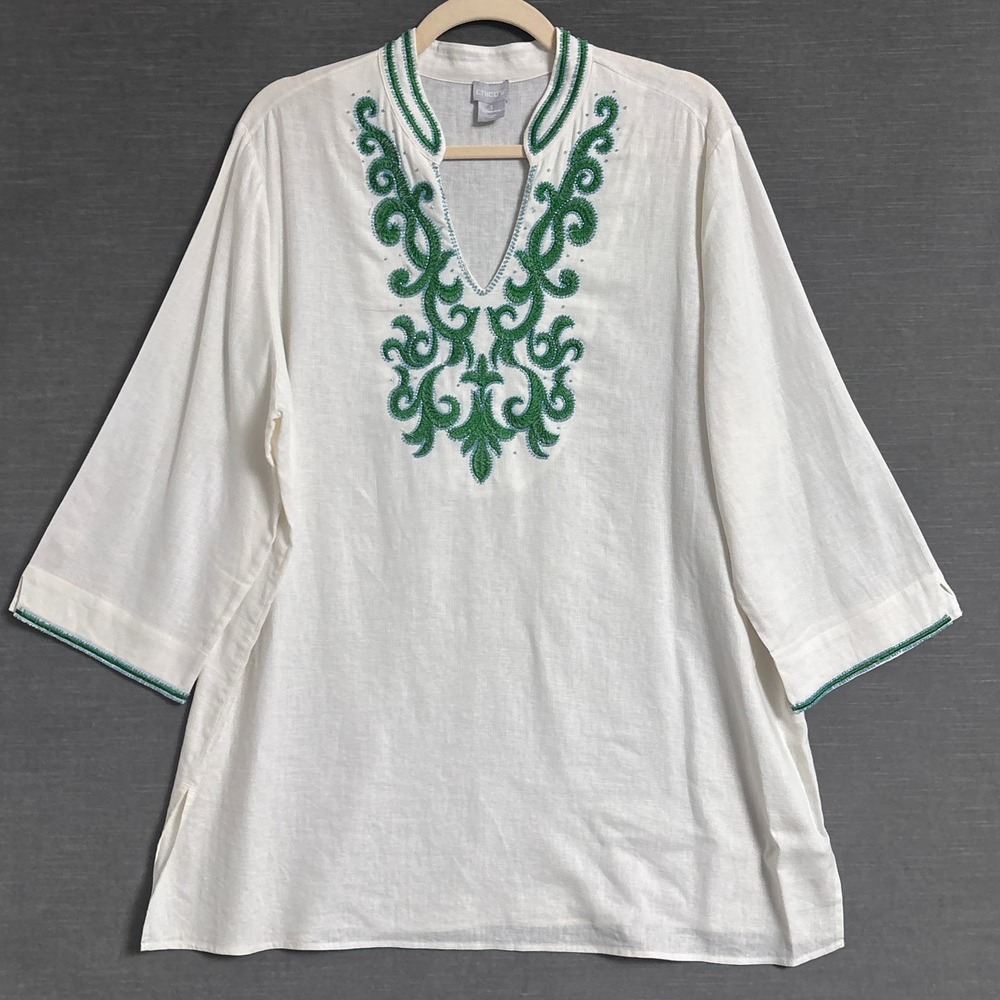 Chicos Top 3 XL 16/18 White Linen Blend Embroidered Beaded Tunic Boho Resort